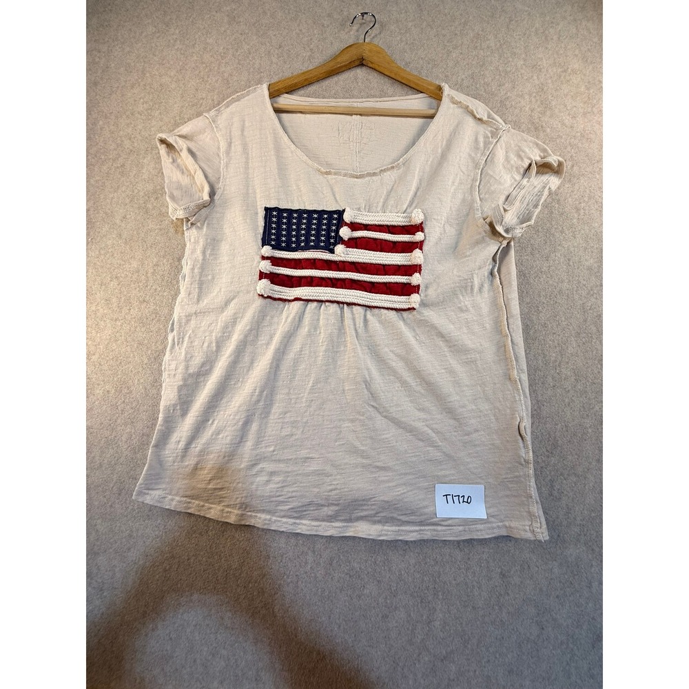 American Flag Rope Patch‎ Slub Knit Short Sleeve Top Cream T1720